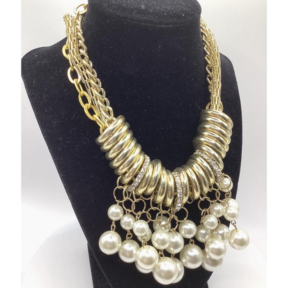 Macys Faux Pearl AB Rhinestone Gold Tone Bib Necklace-NOS